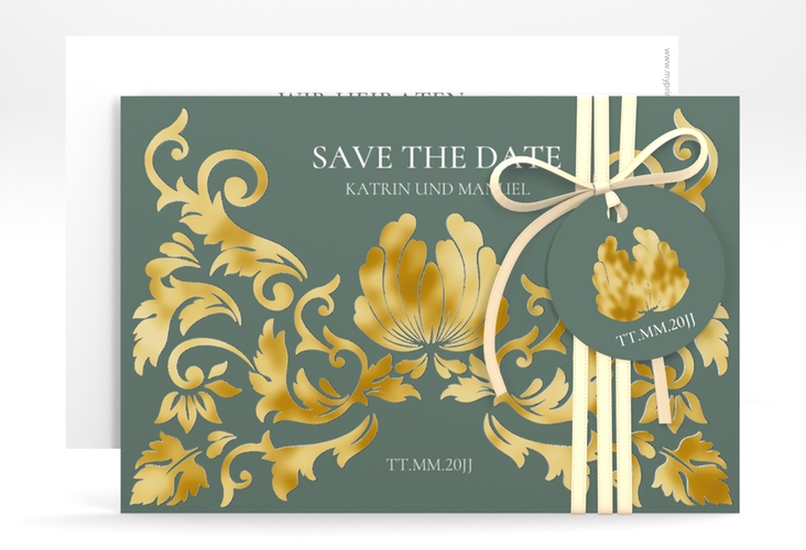 Save the Date-Karte Royal A6 Karte quer gruen gold mit barockem Blumen-Ornament