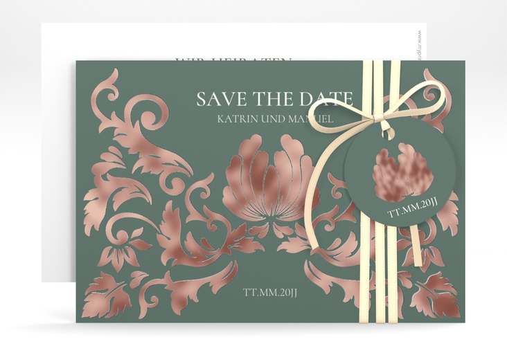 Save the Date-Karte Royal A6 Karte quer gruen rosegold mit barockem Blumen-Ornament