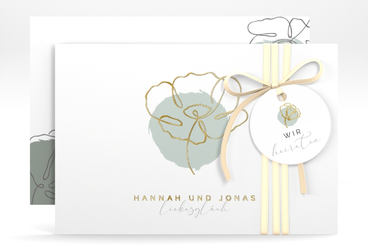 Save the Date-Karte Flowerline A6 Karte quer gruen gold