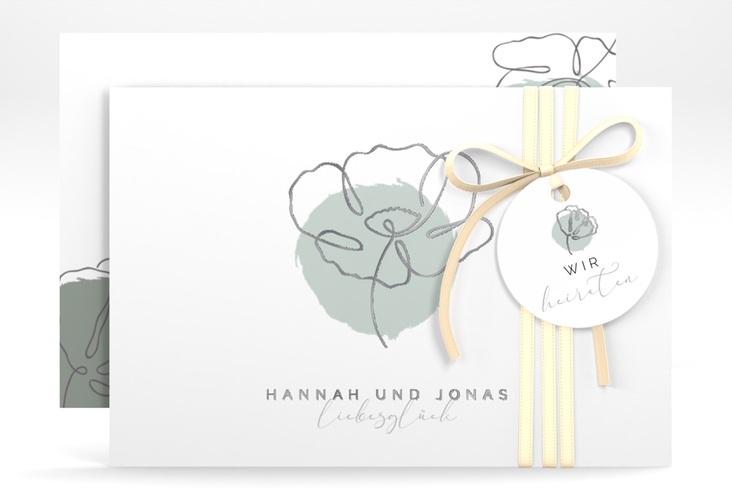 Save the Date-Karte Flowerline A6 Karte quer gruen silber