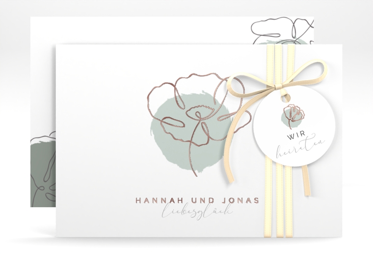 Save the Date-Karte Flowerline A6 Karte quer gruen rosegold