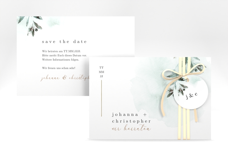 Save the Date-Karte Mediterran A6 Karte quer gruen gold mit Lorbeerzweig in Aquarell