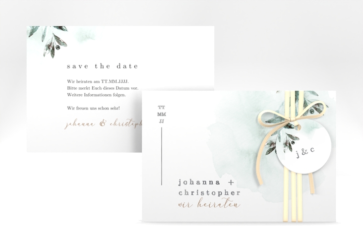 Save the Date-Karte Mediterran A6 Karte quer gruen silber mit Lorbeerzweig in Aquarell