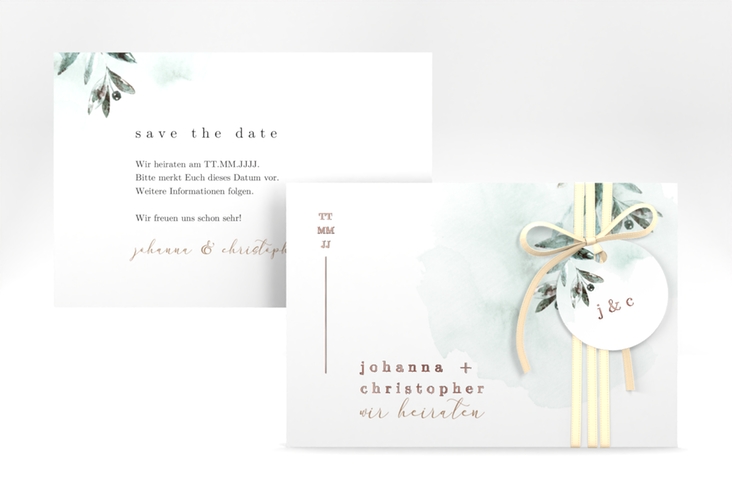 Save the Date-Karte Mediterran A6 Karte quer gruen rosegold mit Lorbeerzweig in Aquarell
