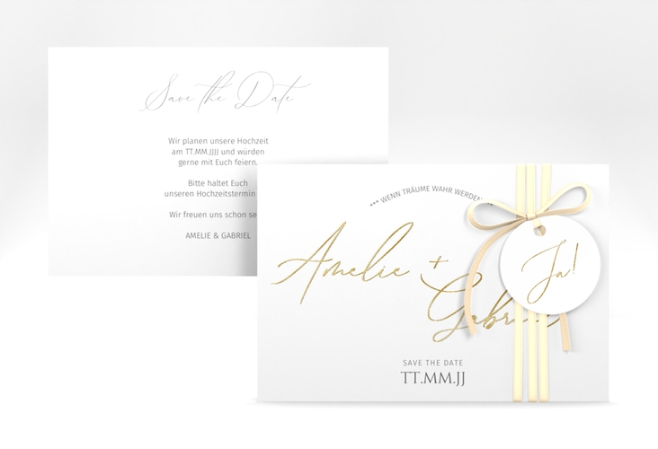 Save the Date-Karte Federschrift A6 Karte quer weiss gold in schlichtem Design mit Kalligrafie