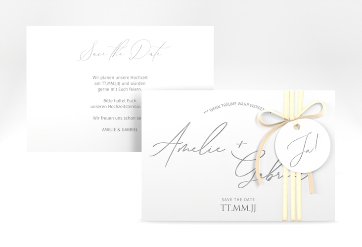 Save the Date-Karte Federschrift A6 Karte quer weiss silber in schlichtem Design mit Kalligrafie