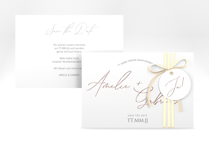 Save the Date-Karte Federschrift A6 Karte quer weiss rosegold in schlichtem Design mit Kalligrafie