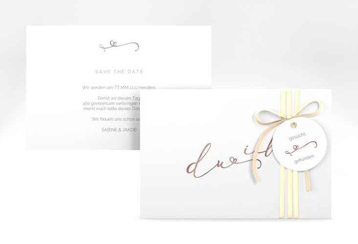 Save the Date-Karte Zweisamkeit A6 Karte quer weiss rosegold im minimalistischen Stil mit Aufschrift du & ich