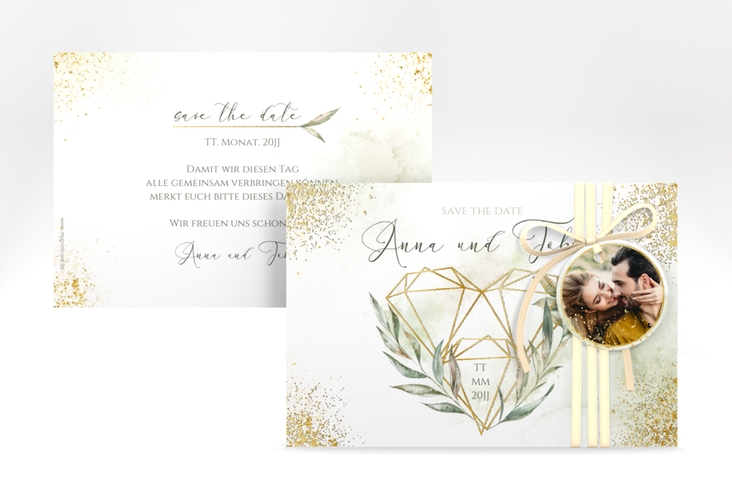 Save the Date-Karte Heartfelt A6 Karte quer weiss gold mit Diamanten im Geometric Design