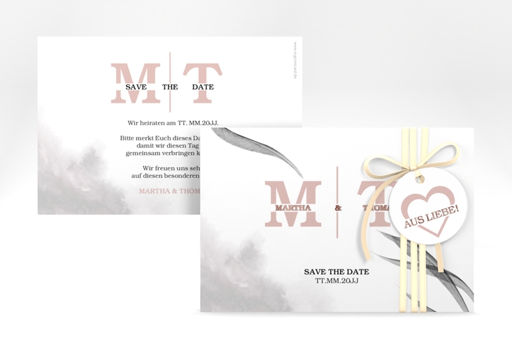 Save the Date-Karte Initialen A6 Karte quer weiss rosegold