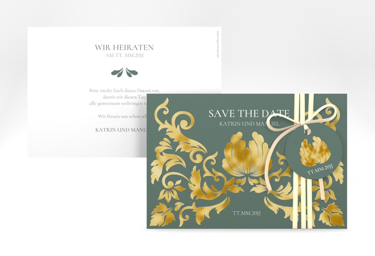 Save the Date-Karte Royal A6 Karte quer gruen gold mit barockem Blumen-Ornament