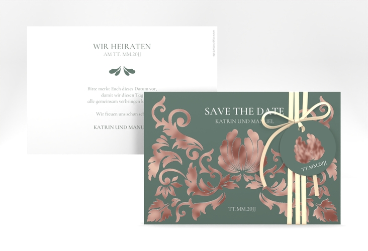 Save the Date-Karte Royal A6 Karte quer gruen rosegold mit barockem Blumen-Ornament