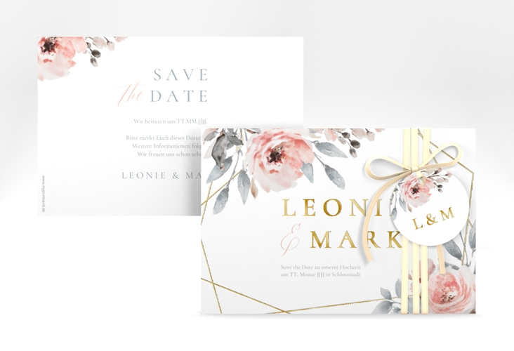 Save the Date-Karte Perfection A6 Karte quer weiss gold mit rosa Rosen