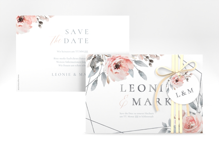 Save the Date-Karte Perfection A6 Karte quer weiss silber mit rosa Rosen