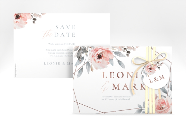 Save the Date-Karte Perfection A6 Karte quer weiss rosegold mit rosa Rosen