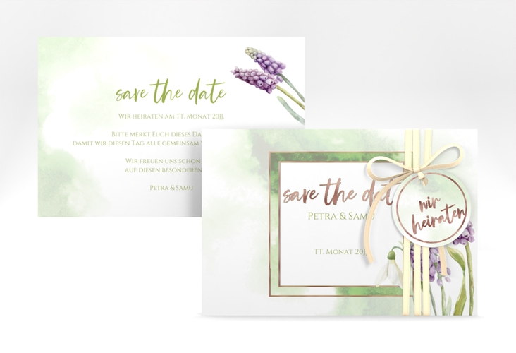 Save the Date-Karte Frühling A6 Karte quer gruen rosegold mit Frühlingsblumen in Aquarell