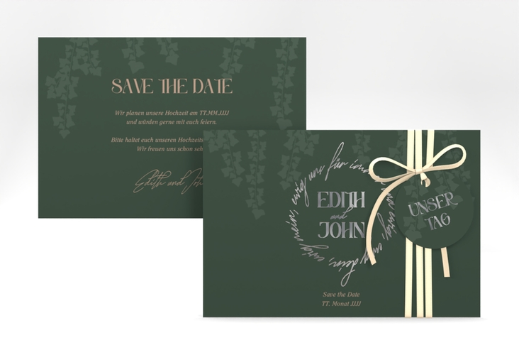 Save the Date-Karte Efeugrün A6 Karte quer gruen silber im Fantasy-Elfen-Design mit Efeu