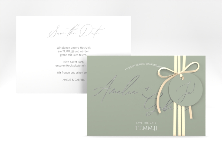 Save the Date-Karte Federschrift A6 Karte quer gruen silber in schlichtem Design mit Kalligrafie