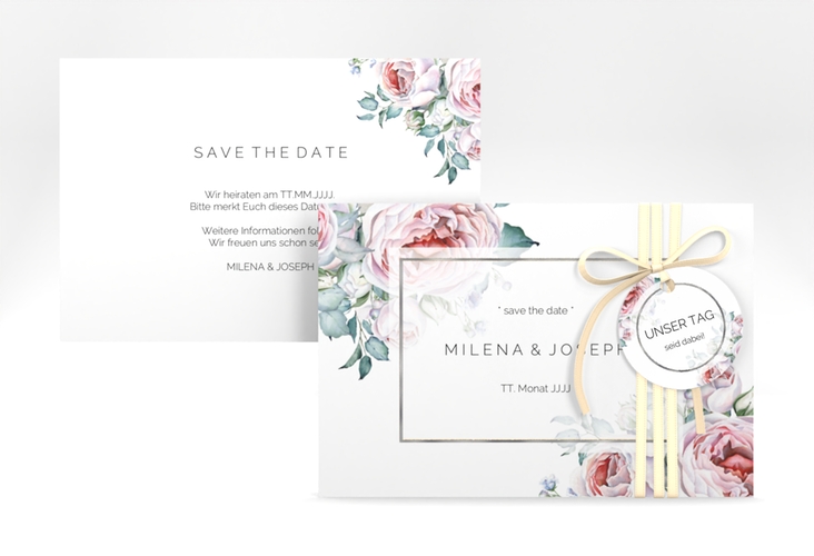 Save the Date-Karte Embrace A6 Karte quer weiss silber