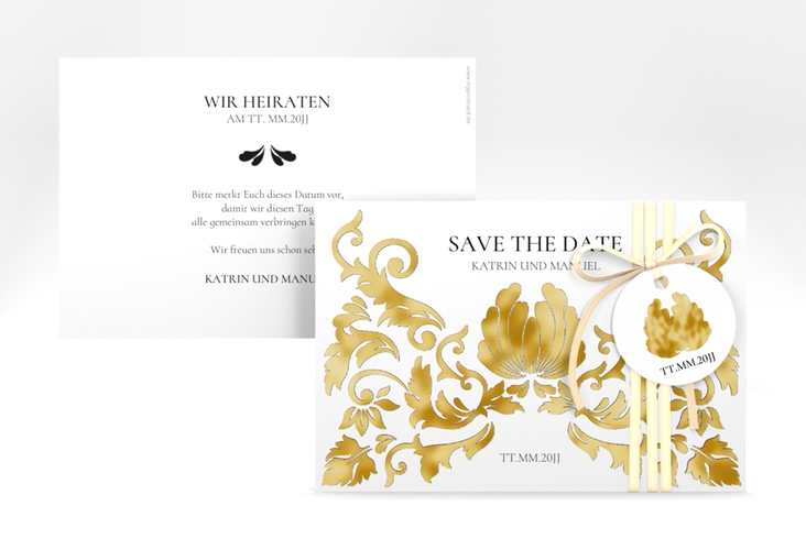Save the Date-Karte Royal A6 Karte quer weiss gold mit barockem Blumen-Ornament