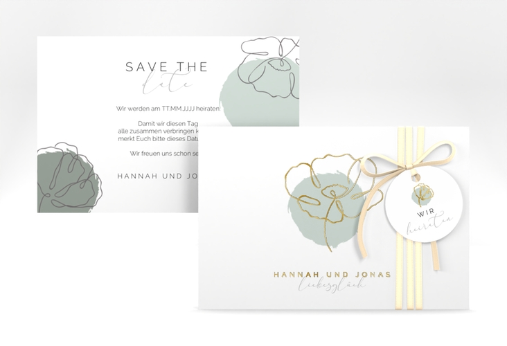 Save the Date-Karte Flowerline A6 Karte quer gruen gold