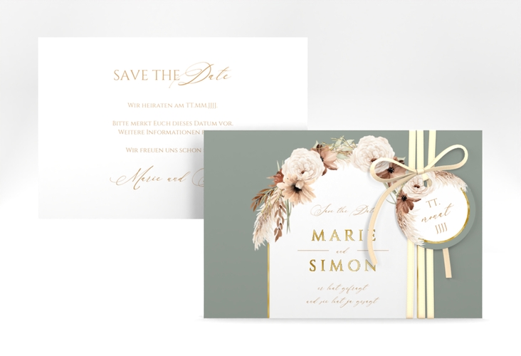 Save the Date-Karte Blumenbogen A6 Karte quer gruen gold