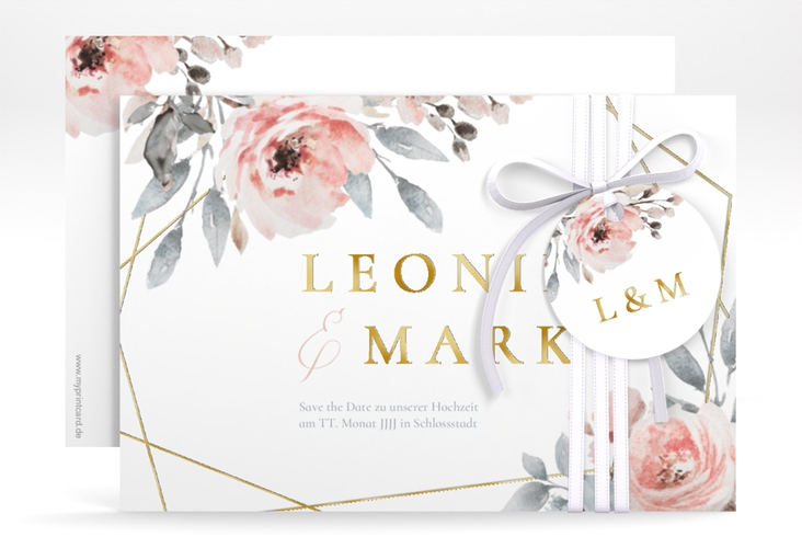 Save the Date-Karte Perfection A6 Karte quer weiss gold mit rosa Rosen