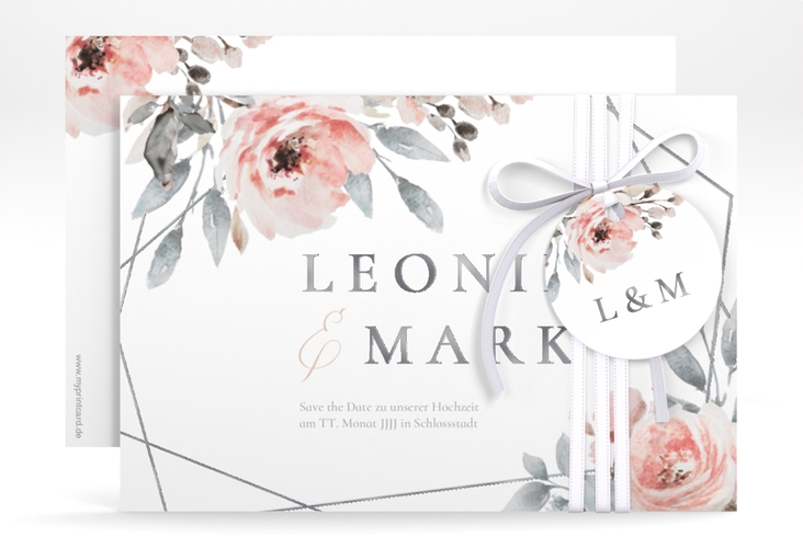 Save the Date-Karte Perfection A6 Karte quer weiss silber mit rosa Rosen