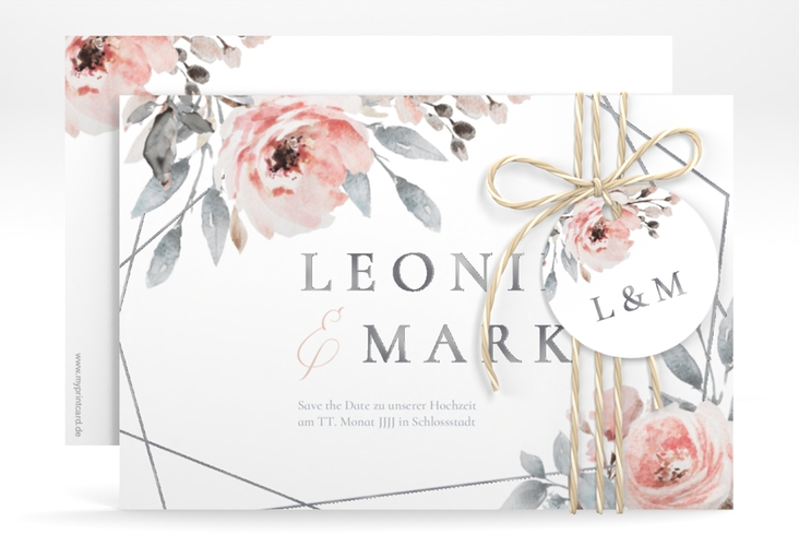 Save the Date-Karte Perfection A6 Karte quer weiss silber mit rosa Rosen