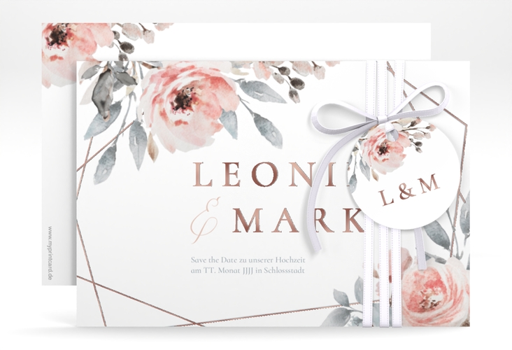 Save the Date-Karte Perfection A6 Karte quer weiss rosegold mit rosa Rosen