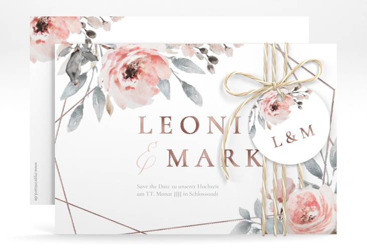 Save the Date-Karte Perfection A6 Karte quer weiss rosegold mit rosa Rosen