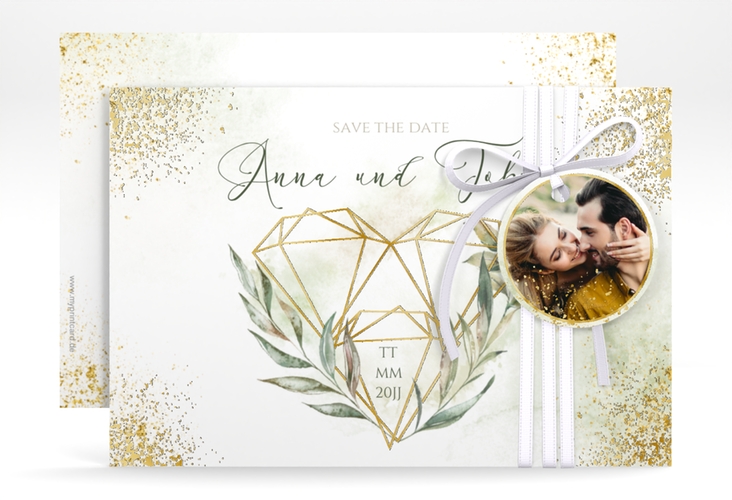 Save the Date-Karte Heartfelt A6 Karte quer weiss gold mit Diamanten im Geometric Design