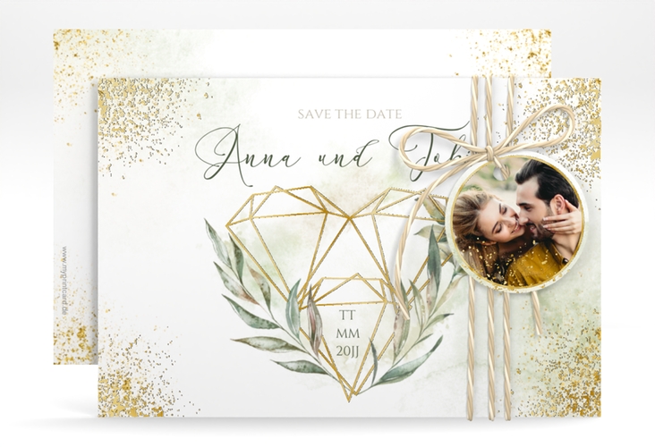 Save the Date-Karte Heartfelt A6 Karte quer weiss gold mit Diamanten im Geometric Design