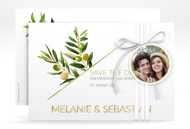 Save the Date-Karte Olivenzweig A6 Karte quer weiss gold