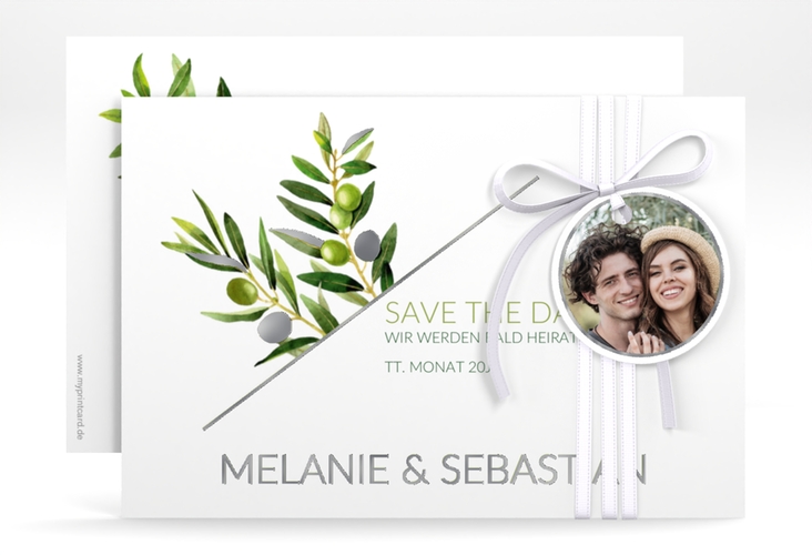 Save the Date-Karte Olivenzweig A6 Karte quer weiss silber
