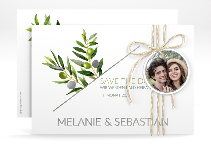 Save the Date-Karte Olivenzweig A6 Karte quer weiss silber