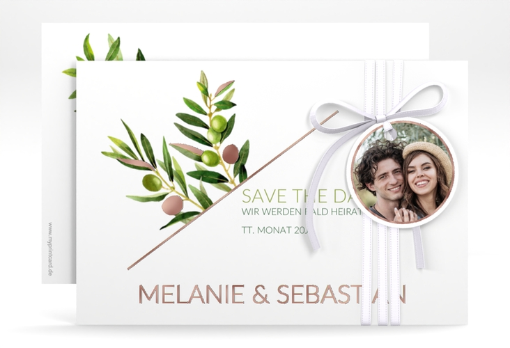 Save the Date-Karte Olivenzweig A6 Karte quer weiss rosegold