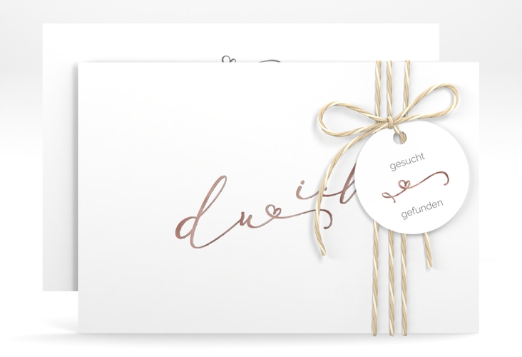 Save the Date-Karte Zweisamkeit A6 Karte quer weiss rosegold im minimalistischen Stil mit Aufschrift du & ich