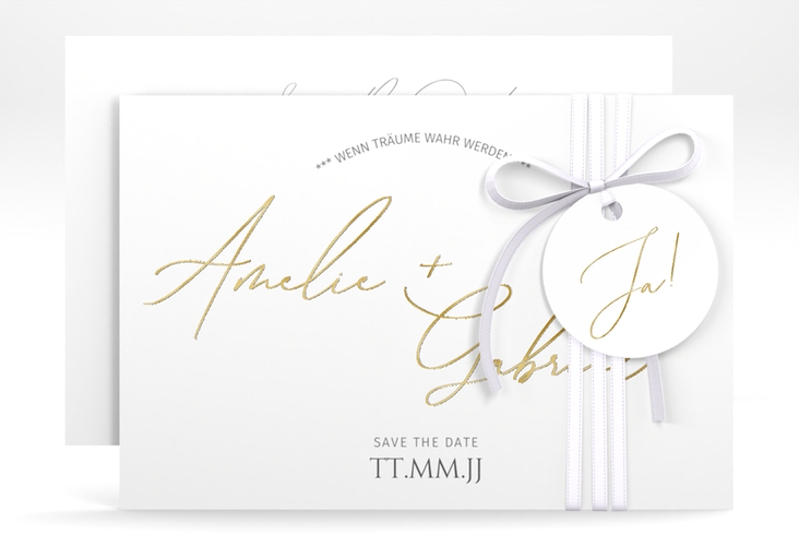 Save the Date-Karte Federschrift A6 Karte quer weiss gold in schlichtem Design mit Kalligrafie