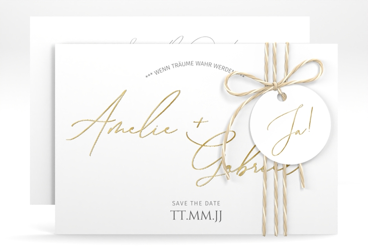 Save the Date-Karte Federschrift A6 Karte quer weiss gold in schlichtem Design mit Kalligrafie