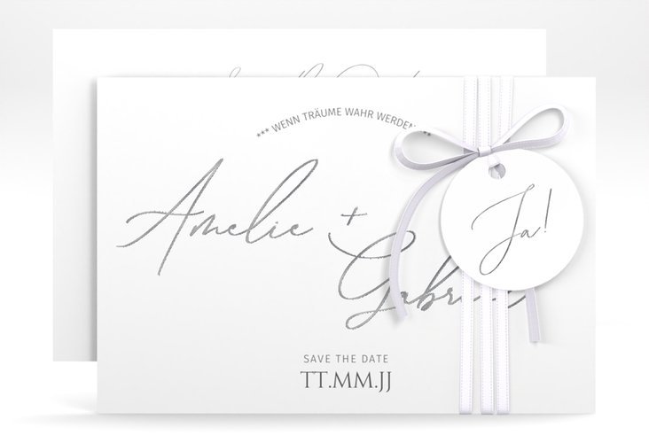 Save the Date-Karte Federschrift A6 Karte quer weiss silber in schlichtem Design mit Kalligrafie