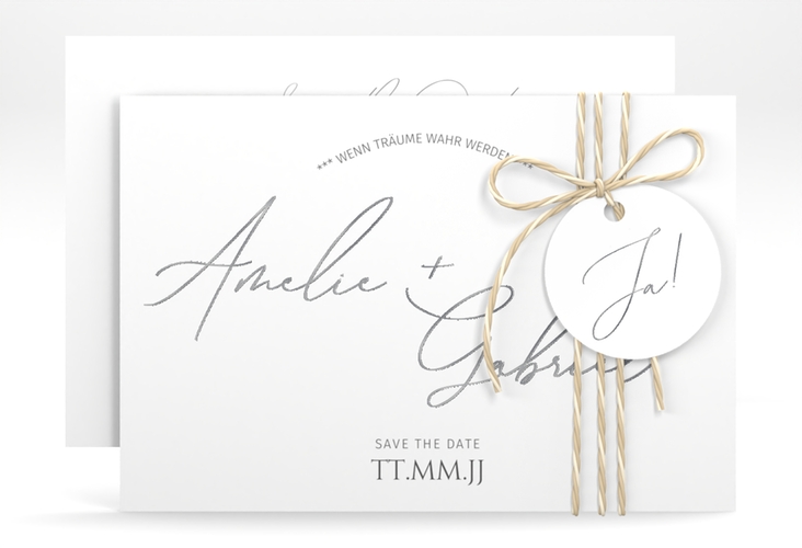 Save the Date-Karte Federschrift A6 Karte quer weiss silber in schlichtem Design mit Kalligrafie