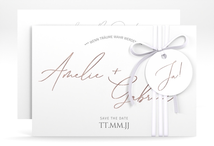 Save the Date-Karte Federschrift A6 Karte quer weiss rosegold in schlichtem Design mit Kalligrafie