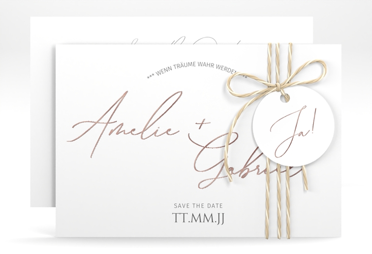 Save the Date-Karte Federschrift A6 Karte quer weiss rosegold in schlichtem Design mit Kalligrafie