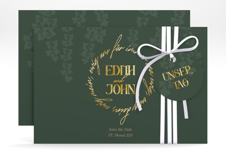 Save the Date-Karte Efeugrün A6 Karte quer gruen gold im Fantasy-Elfen-Design mit Efeu