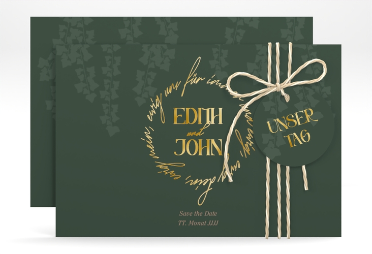 Save the Date-Karte Efeugrün A6 Karte quer gruen gold im Fantasy-Elfen-Design mit Efeu