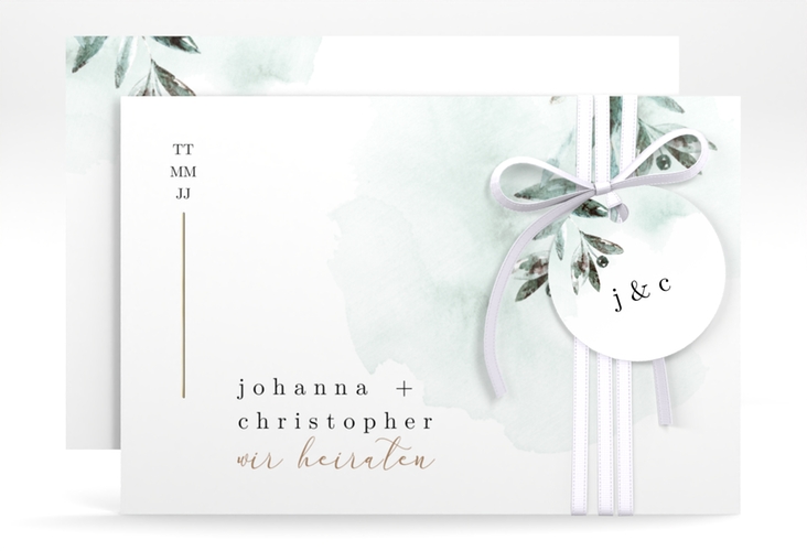 Save the Date-Karte Mediterran A6 Karte quer gruen gold mit Lorbeerzweig in Aquarell
