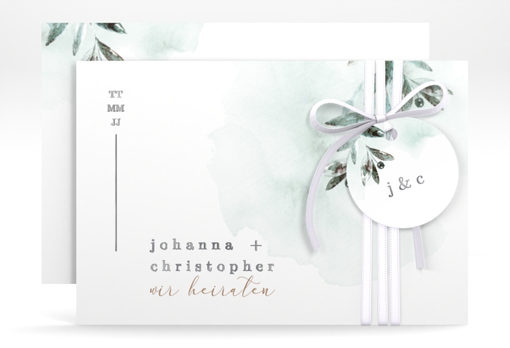 Save the Date-Karte Mediterran A6 Karte quer gruen silber mit Lorbeerzweig in Aquarell