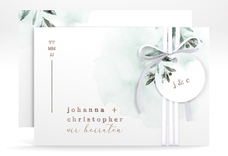 Save the Date-Karte Mediterran A6 Karte quer gruen rosegold mit Lorbeerzweig in Aquarell