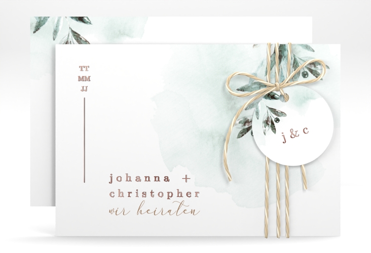 Save the Date-Karte Mediterran A6 Karte quer gruen rosegold mit Lorbeerzweig in Aquarell